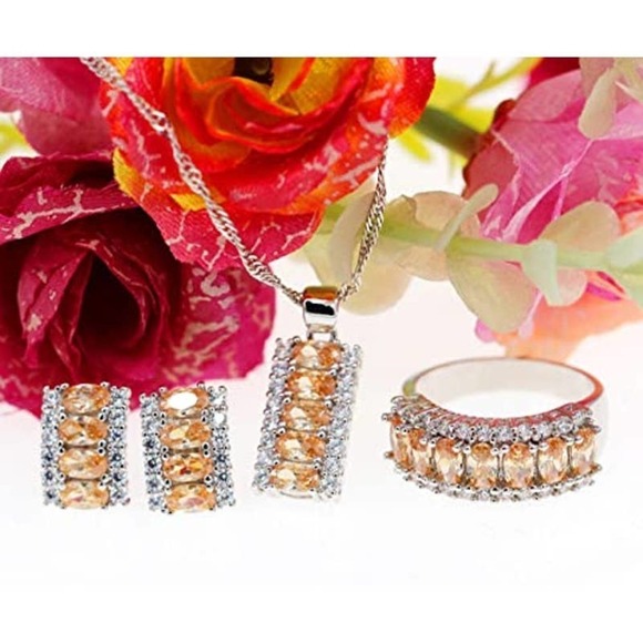 Platinum Plated Necklace Earring Ring CZ Cubic Rhinestone Necklace Ring Earrings - Picture 2 of 7